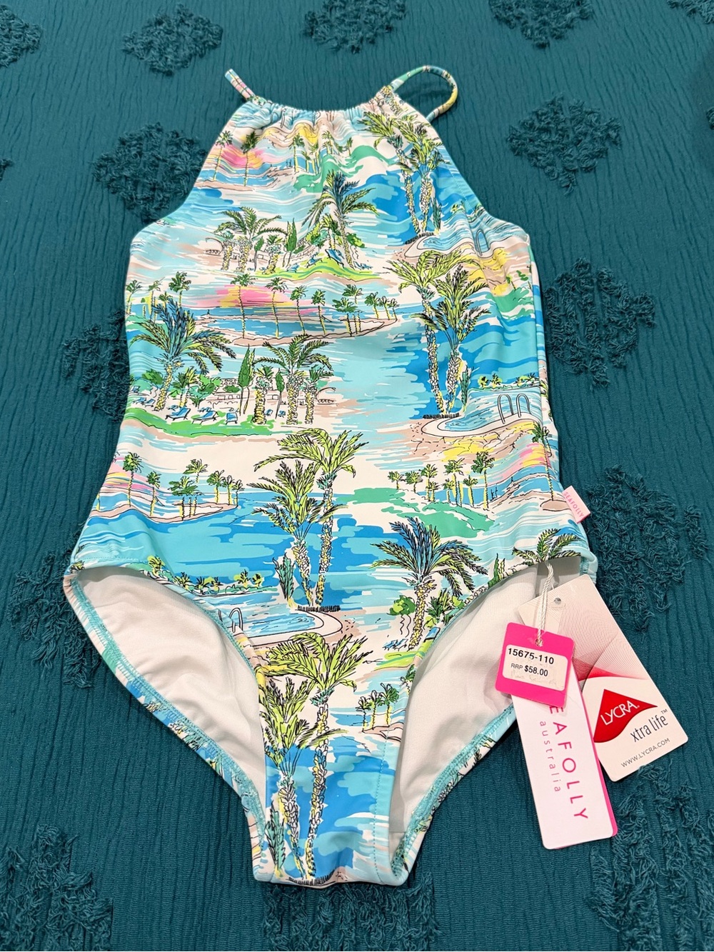 Seafolly Australia Girls Blue & Green Tropical Palm One-Piece Swimsuit